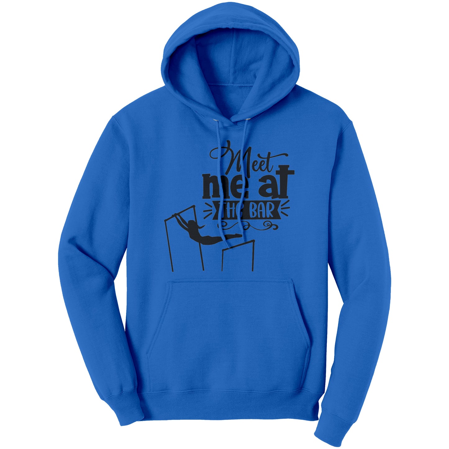 Royal Blue  Colored "Meet Me at the Bar" Women's Gymnastics Hoodie featuring an artistic depiction of a gymnast on the uneven bars