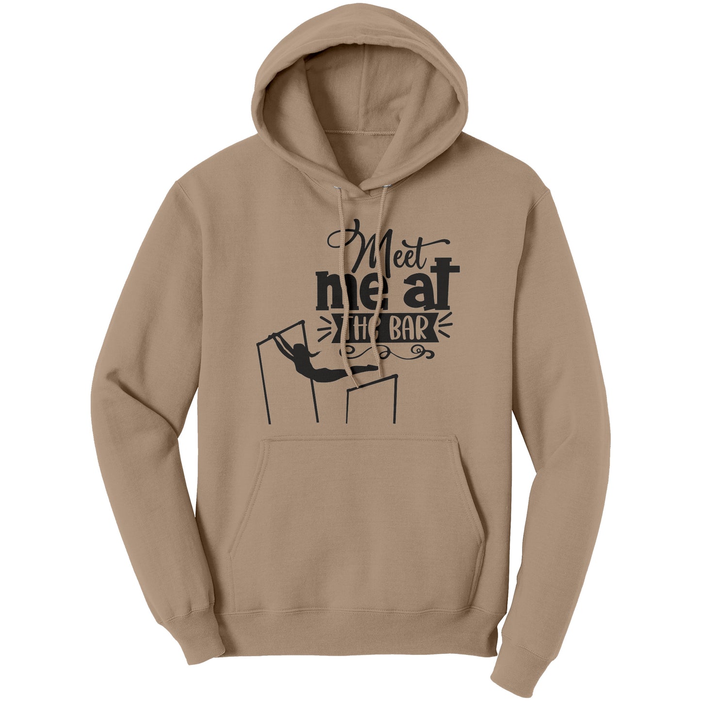 Sand  Colored "Meet Me at the Bar" Women's Gymnastics Hoodie featuring an artistic depiction of a gymnast on the uneven bars