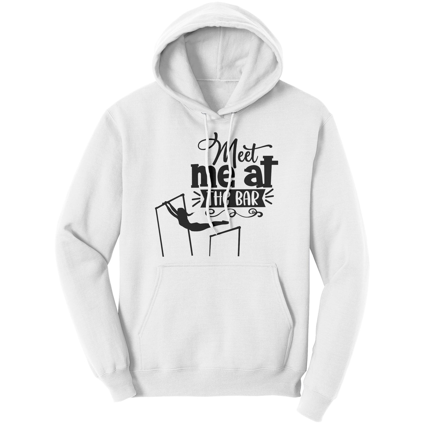 White  Colored "Meet Me at the Bar" Women's Gymnastics Hoodie featuring an artistic depiction of a gymnast on the uneven bars
