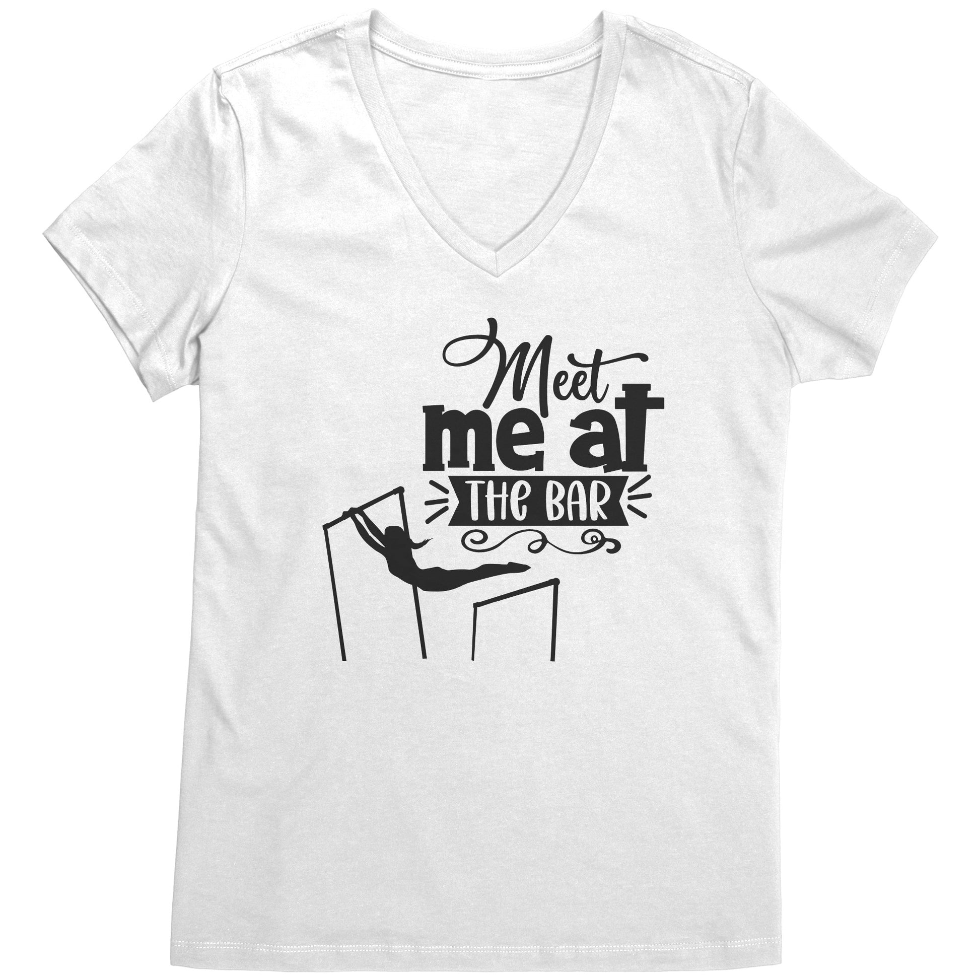 White Colored "Meet Me at the Bar" Women's Gymnastics T-Shirt featuring an artistic depiction of a gymnast on the uneven bars