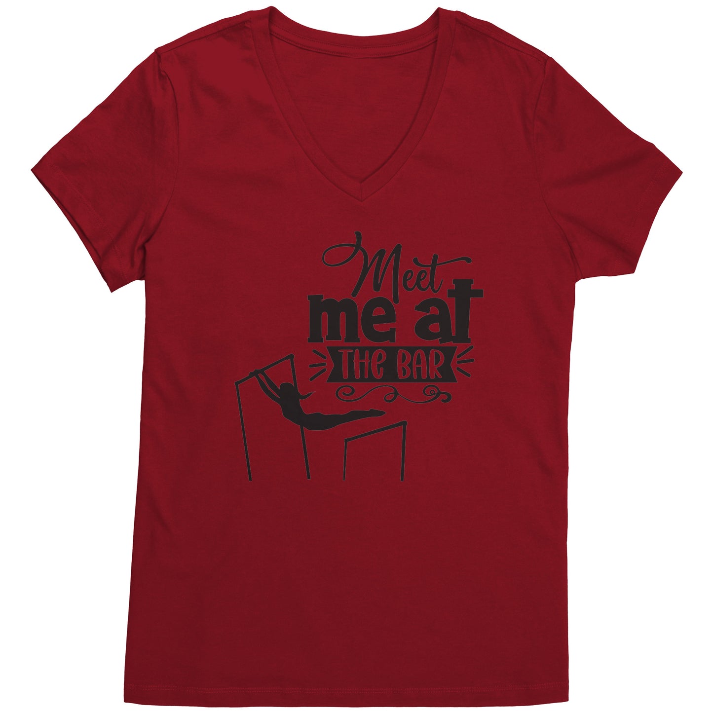 Cardinal Red Colored "Meet Me at the Bar" Women's Gymnastics T-Shirt featuring an artistic depiction of a gymnast on the uneven bars