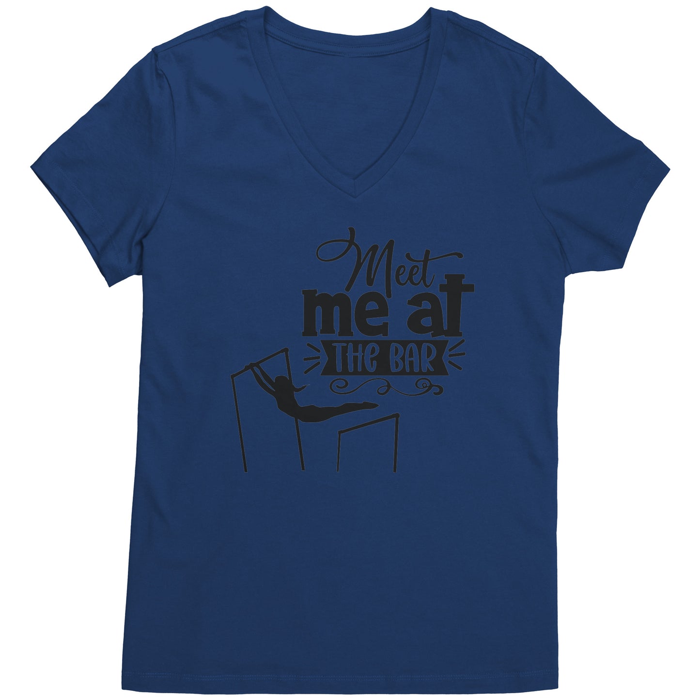 Royal Blue Colored "Meet Me at the Bar" Women's Gymnastics T-Shirt featuring an artistic depiction of a gymnast on the uneven bars