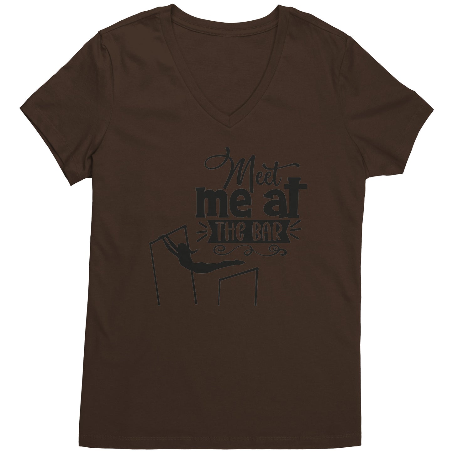 Espresso Brown Colored "Meet Me at the Bar" Women's Gymnastics T-Shirt featuring an artistic depiction of a gymnast on the uneven bars