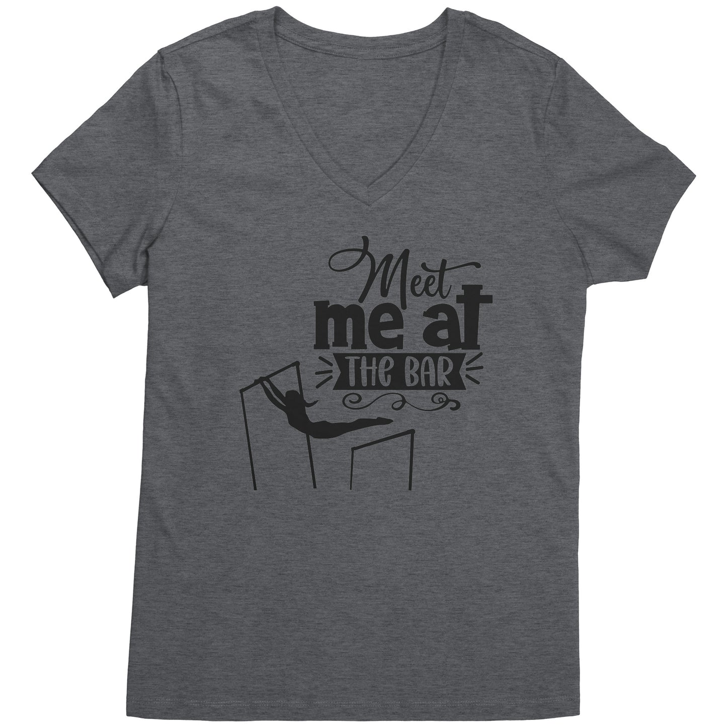Dark Heather Colored "Meet Me at the Bar" Women's Gymnastics T-Shirt featuring an artistic depiction of a gymnast on the uneven bars