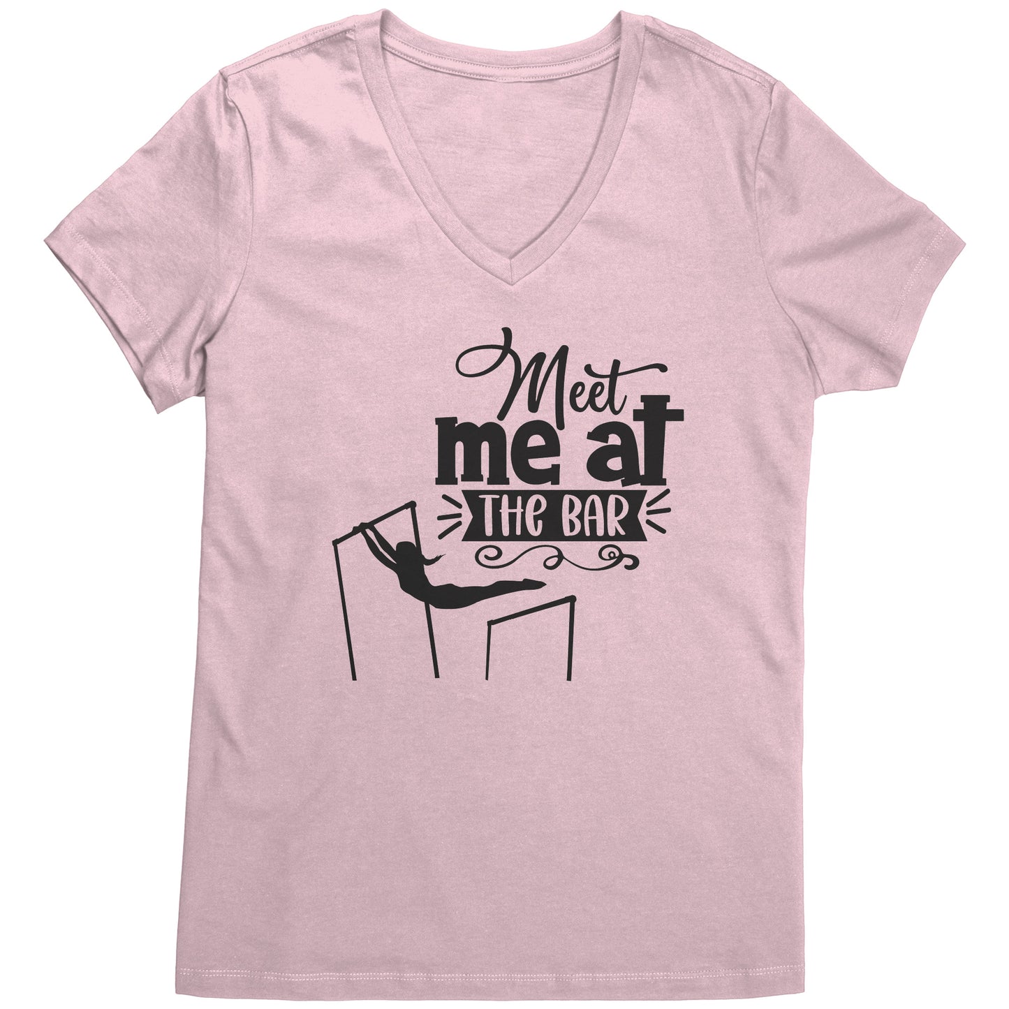 Light Pink Colored "Meet Me at the Bar" Women's Gymnastics T-Shirt featuring an artistic depiction of a gymnast on the uneven bars