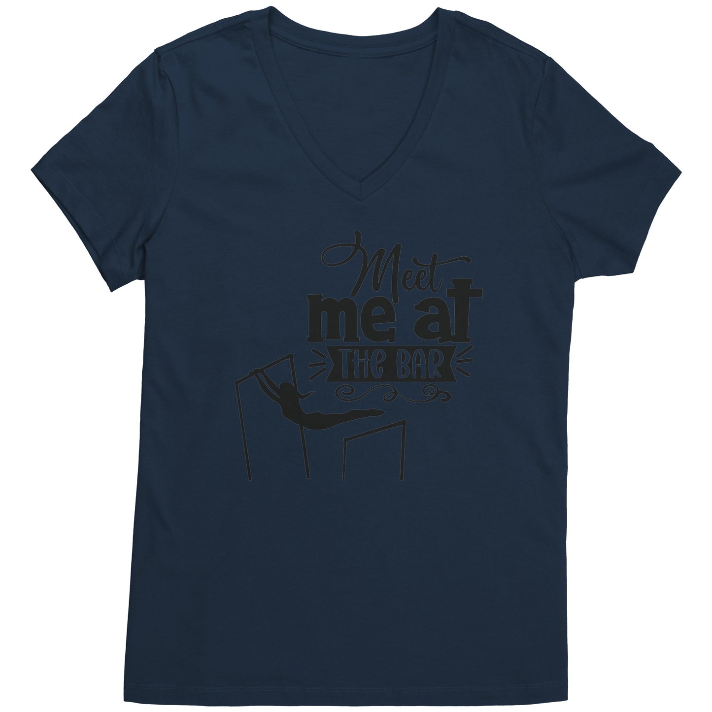 Navy Colored "Meet Me at the Bar" Women's Gymnastics T-Shirt featuring an artistic depiction of a gymnast on the uneven bars