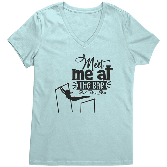 Sea glass Colored "Meet Me at the Bar" Women's Gymnastics T-Shirt featuring an artistic depiction of a gymnast on the uneven bars