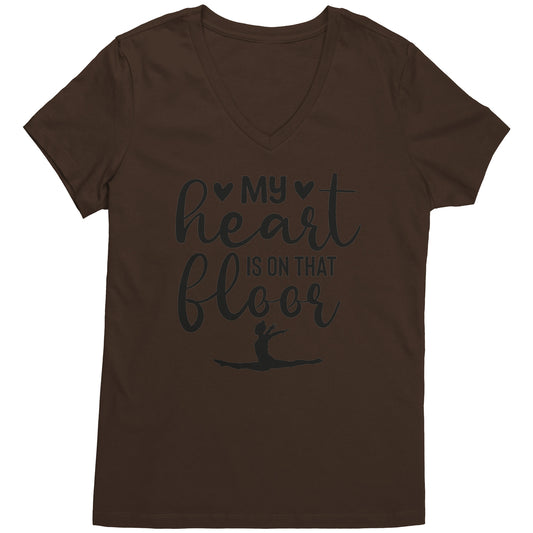 Espresso Brown  colored  "My Heart is on that Floor" Women's Gymnastics Mom T-shirt! This t-shirt features a graceful gymnast in motion, along with the phrase "My heart is on that floor"