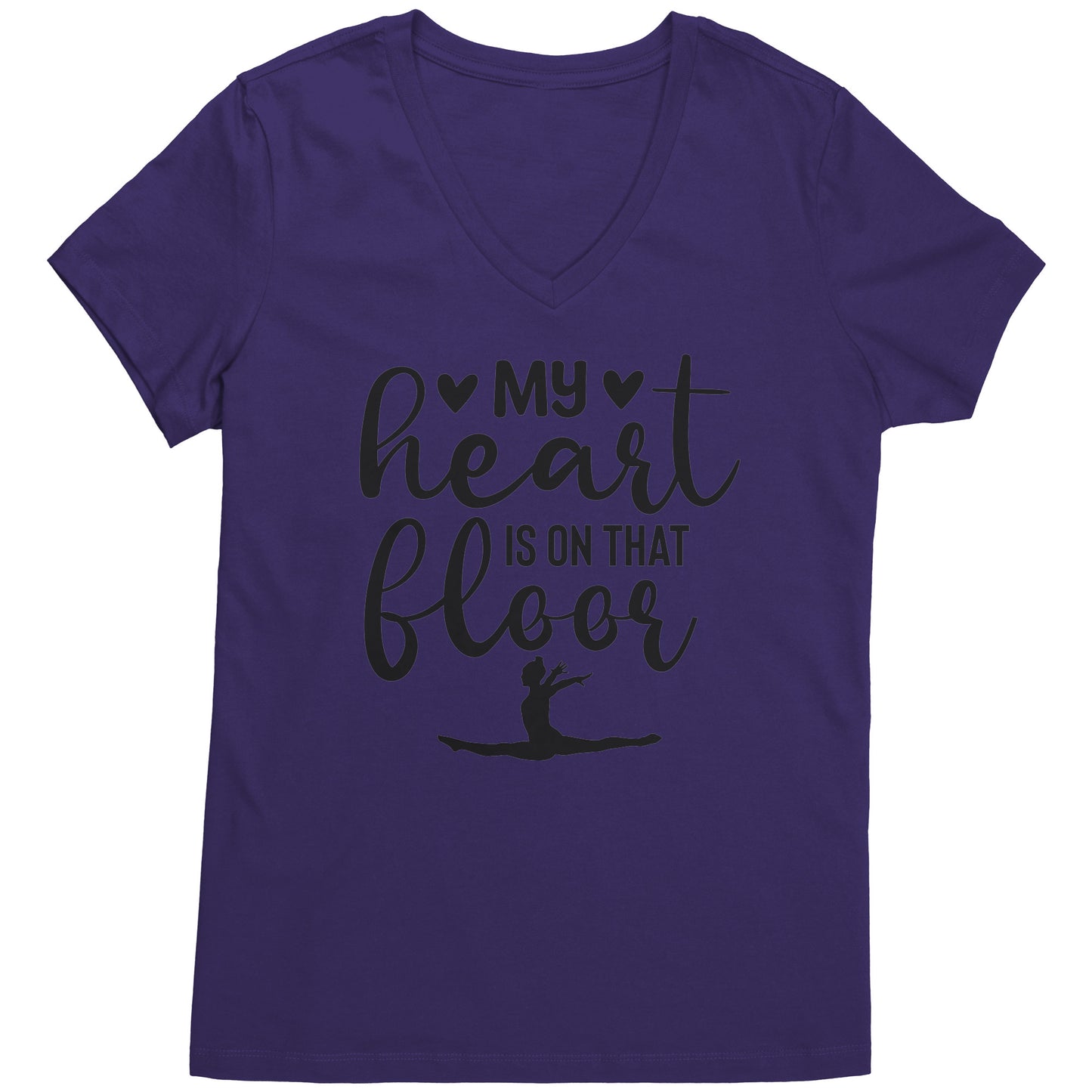 Purple  colored  "My Heart is on that Floor" Women's Gymnastics Mom T-shirt! This t-shirt features a graceful gymnast in motion, along with the phrase "My heart is on that floor"
