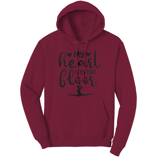Cardinal Red colored  "My Heart is on that Floor" Women's Gymnastics Mom Hoodie! This hoodie features a graceful gymnast in motion, along with the phrase "My heart is on that floor" 