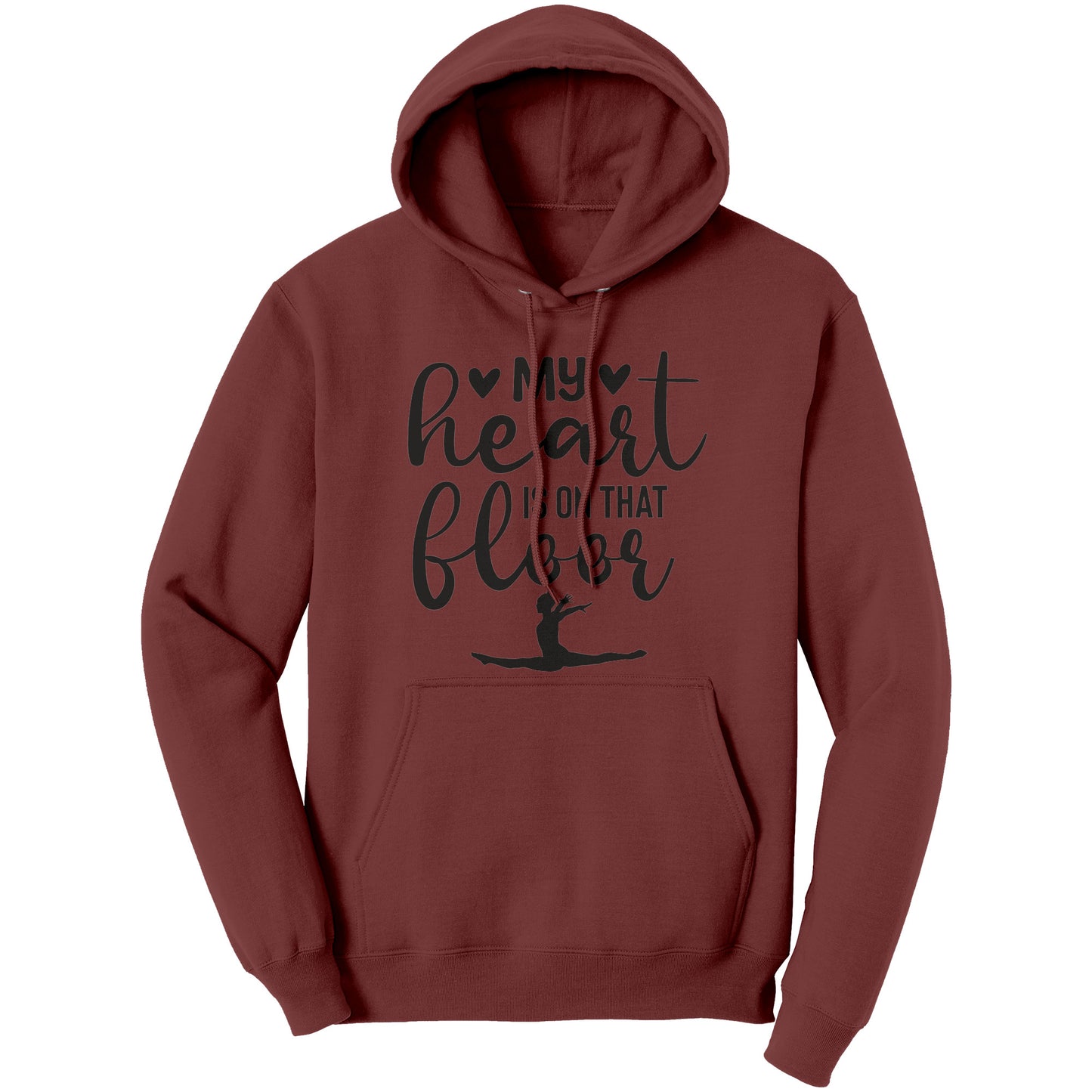 Maroon colored  "My Heart is on that Floor" Women's Gymnastics Mom Hoodie! This hoodie features a graceful gymnast in motion, along with the phrase "My heart is on that floor" 