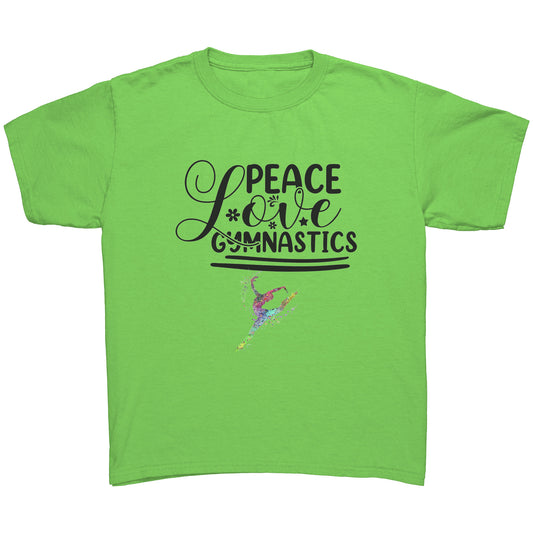 Lime Colored Peace, Love, and Gymnastics t-shirt for children features the Peace, Love Gymnastics slogan, along with a colorful image of a leaping gymnast.
