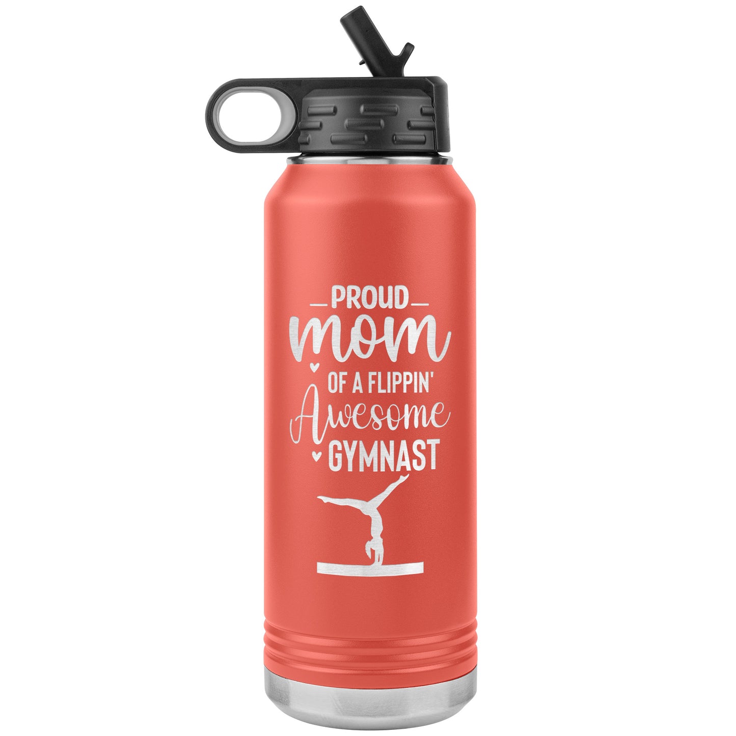 Coral Proud Mom of a Flippin Awesome Gymnast Gymnastics Mom Water Bottle. Featuring the empowering message "Proud Mom of a Flippin Awesome Gymnast" alongside a graceful silhouette of a female gymnast