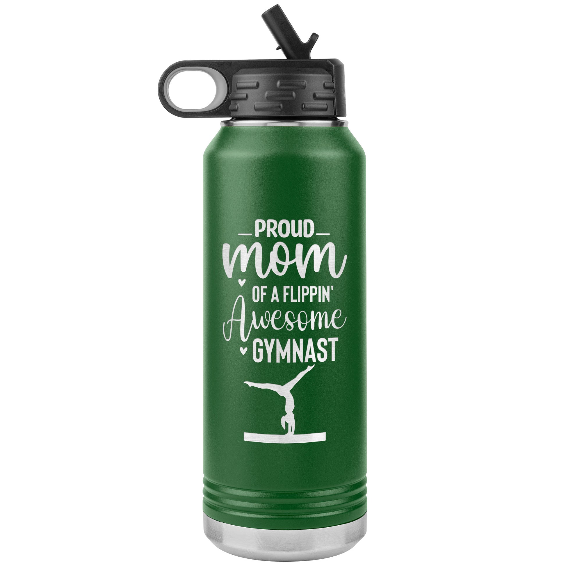 Green Proud Mom of a Flippin Awesome Gymnast Gymnastics Mom Water Bottle. Featuring the empowering message "Proud Mom of a Flippin Awesome Gymnast" alongside a graceful silhouette of a female gymnast