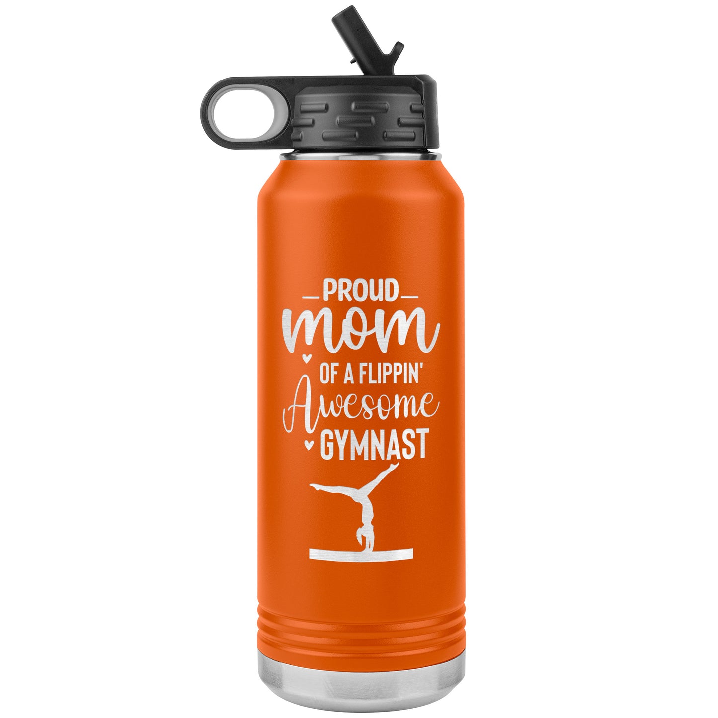 Orange Proud Mom of a Flippin Awesome Gymnast Gymnastics Mom Water Bottle. Featuring the empowering message "Proud Mom of a Flippin Awesome Gymnast" alongside a graceful silhouette of a female gymnast