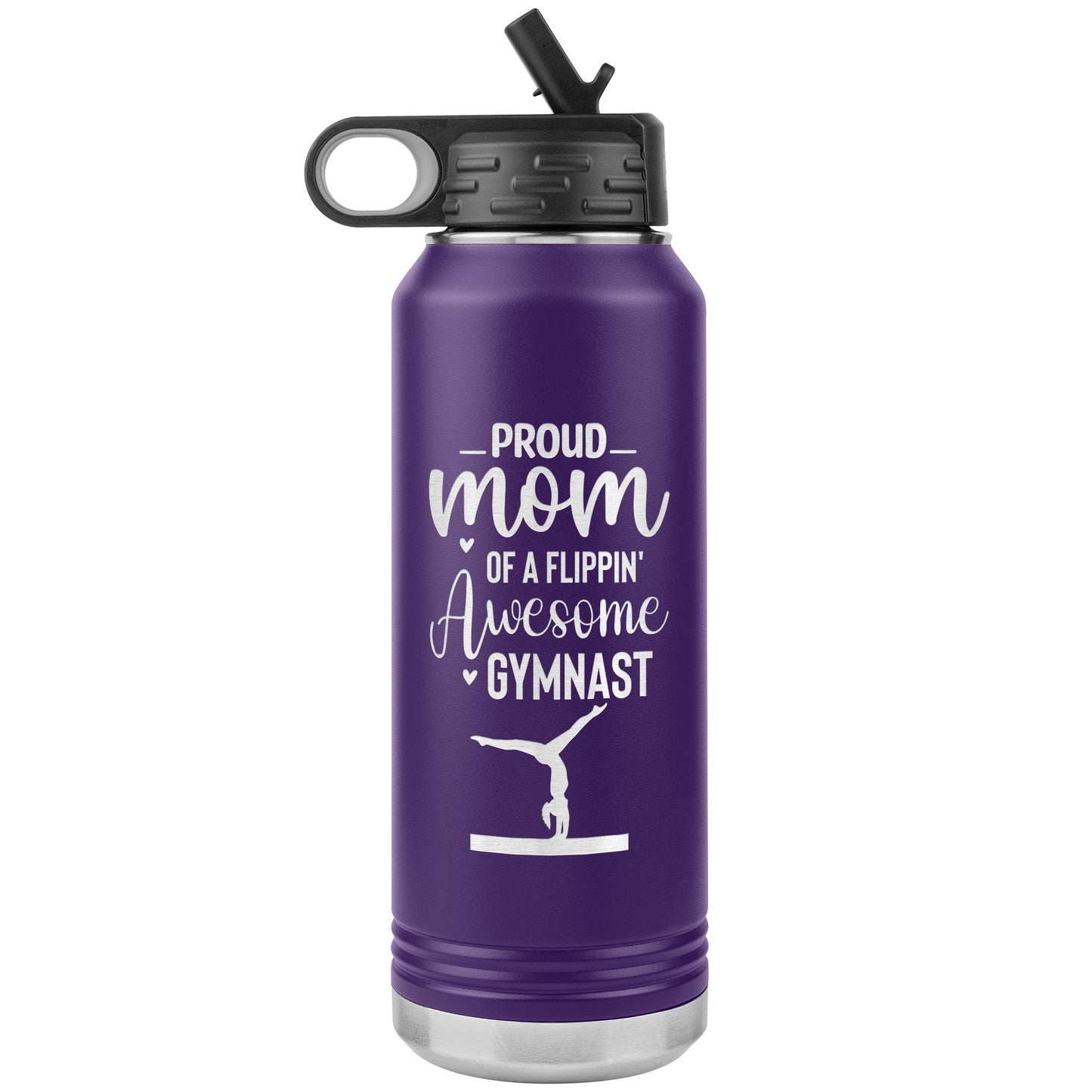 Purple Proud Mom of a Flippin Awesome Gymnast Gymnastics Mom Water Bottle. Featuring the empowering message "Proud Mom of a Flippin Awesome Gymnast" alongside a graceful silhouette of a female gymnast