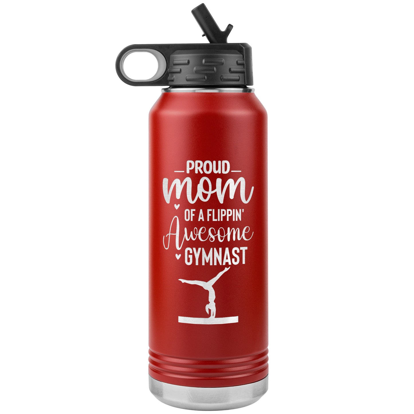 Red Proud Mom of a Flippin Awesome Gymnast Gymnastics Mom Water Bottle. Featuring the empowering message "Proud Mom of a Flippin Awesome Gymnast" alongside a graceful silhouette of a female gymnast