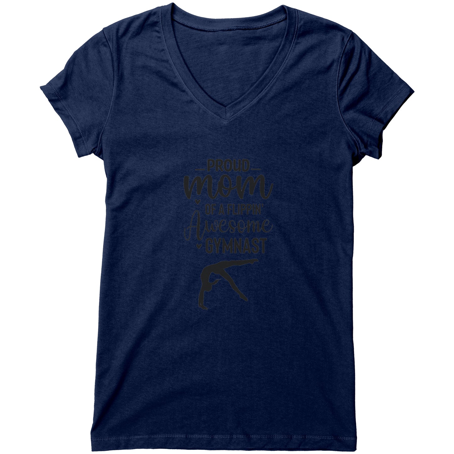 Navy colored Proud of a Flippin Awesome Gymnast T-shirt. This t-shirt says Proud Mom of a Flippin Awesome gymnast with the image of an upside down female gymnast on the front. 