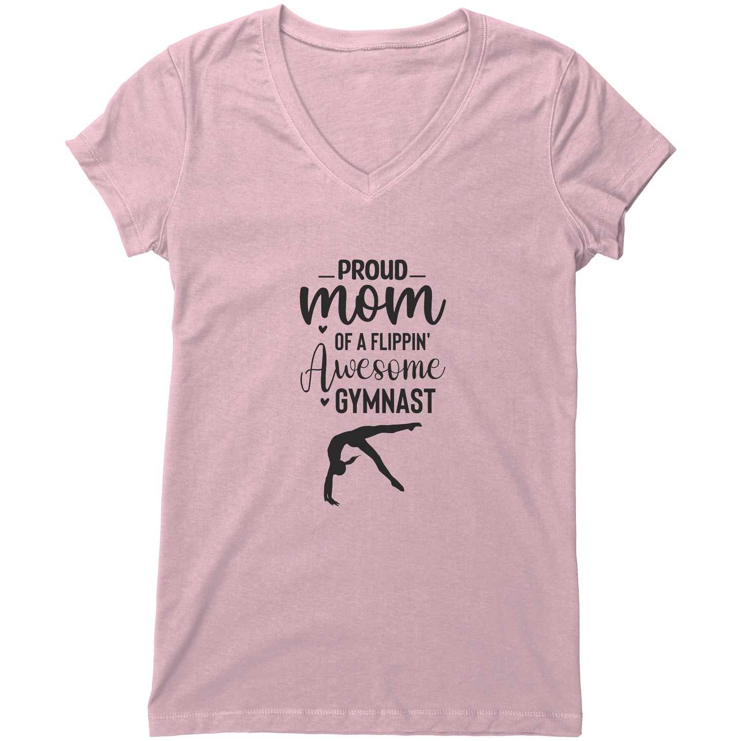 Light Pink colored Proud of a Flippin Awesome Gymnast T-shirt. This t-shirt says Proud Mom of a Flippin Awesome gymnast with the image of an upside down female gymnast on the front. 