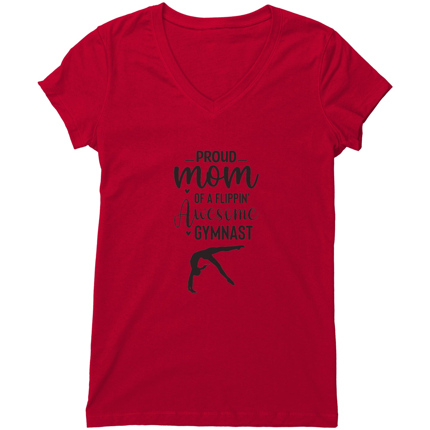 Red colored Proud of a Flippin Awesome Gymnast T-shirt. This t-shirt says Proud Mom of a Flippin Awesome gymnast with the image of an upside down female gymnast on the front. 