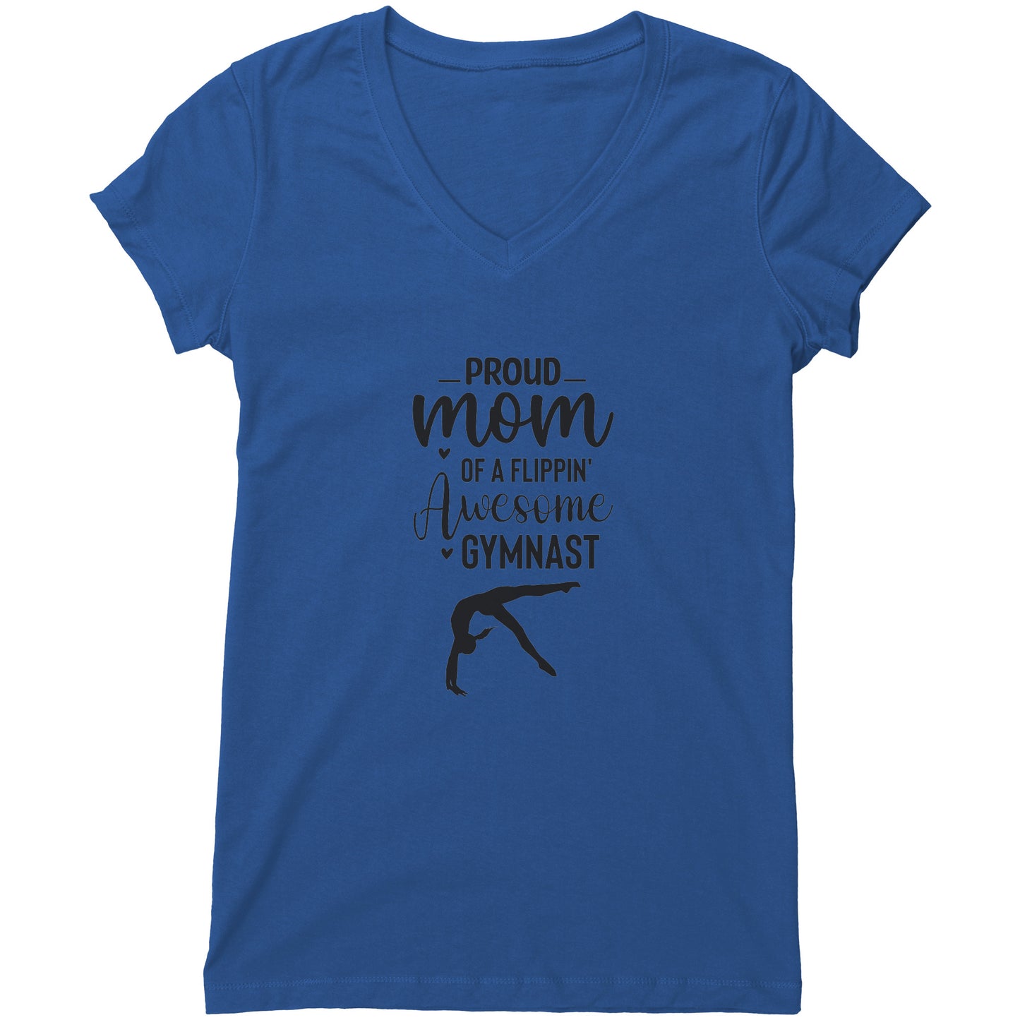 Royal colored Proud of a Flippin Awesome Gymnast T-shirt. This t-shirt says Proud Mom of a Flippin Awesome gymnast with the image of an upside down female gymnast on the front. 