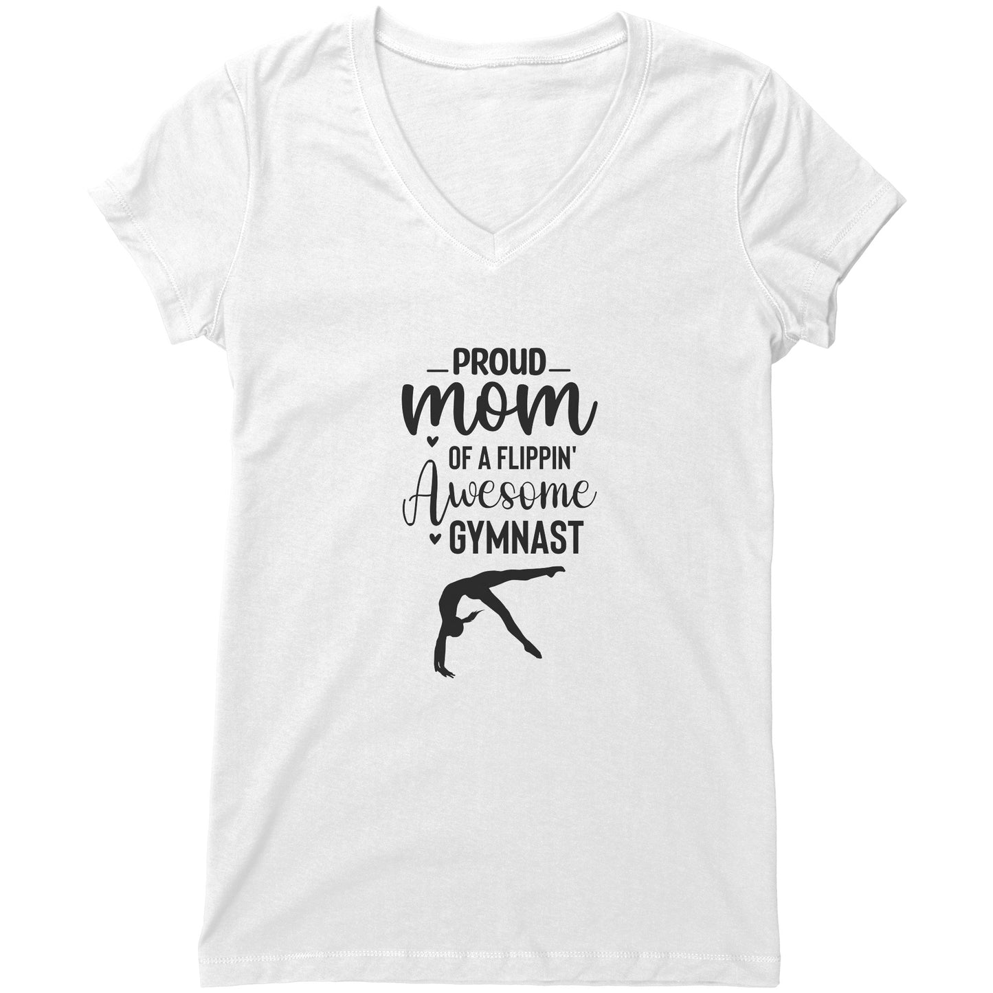 White colored Proud of a Flippin Awesome Gymnast T-shirt. This t-shirt says Proud Mom of a Flippin Awesome gymnast with the image of an upside down female gymnast on the front. 