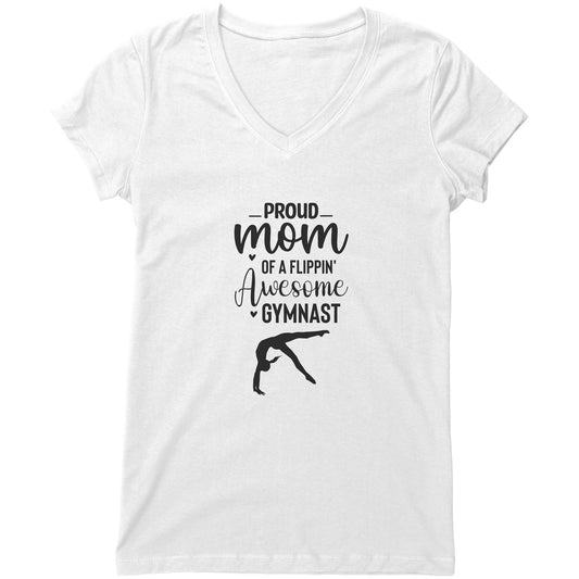 White colored Proud of a Flippin Awesome Gymnast T-shirt. This t-shirt says Proud Mom of a Flippin Awesome gymnast with the image of an upside down female gymnast on the front. 