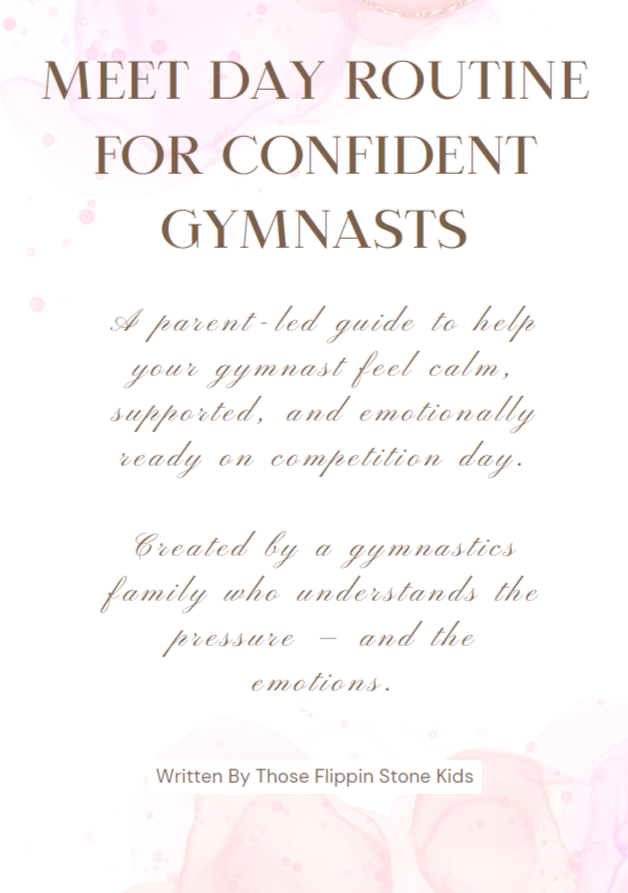 Gymnast routine guide book cover with pink confetti dots and title text