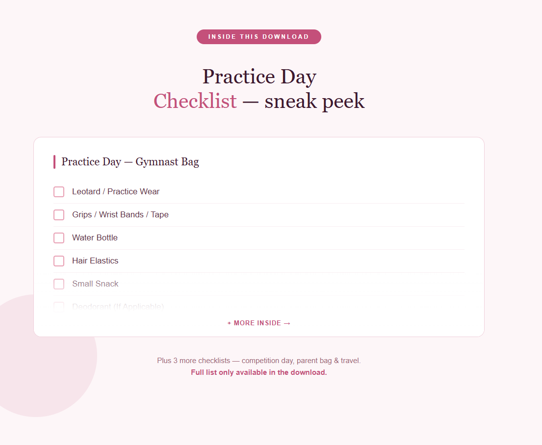 Practice Day gym bag checklist page with item list and checkboxes