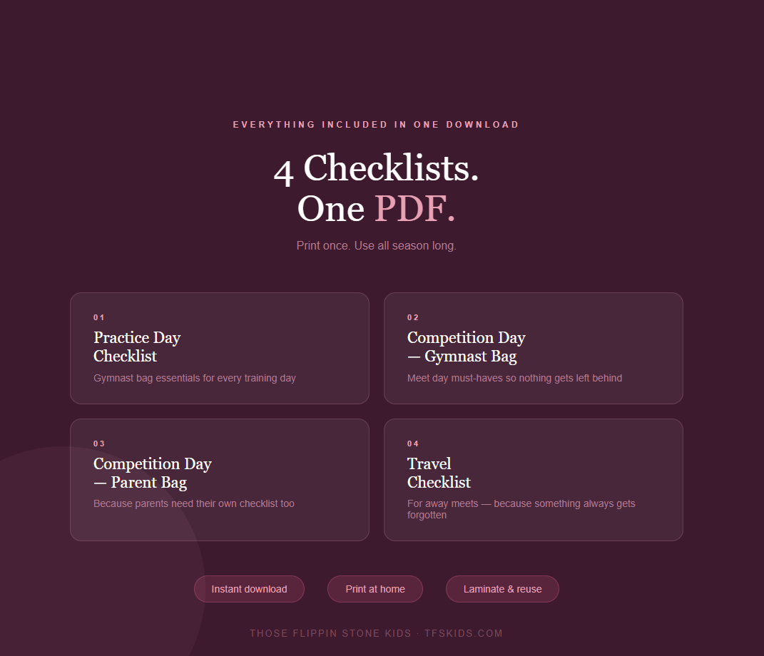 Gymnastics bag checklist PDF page listing four checklists in one download
