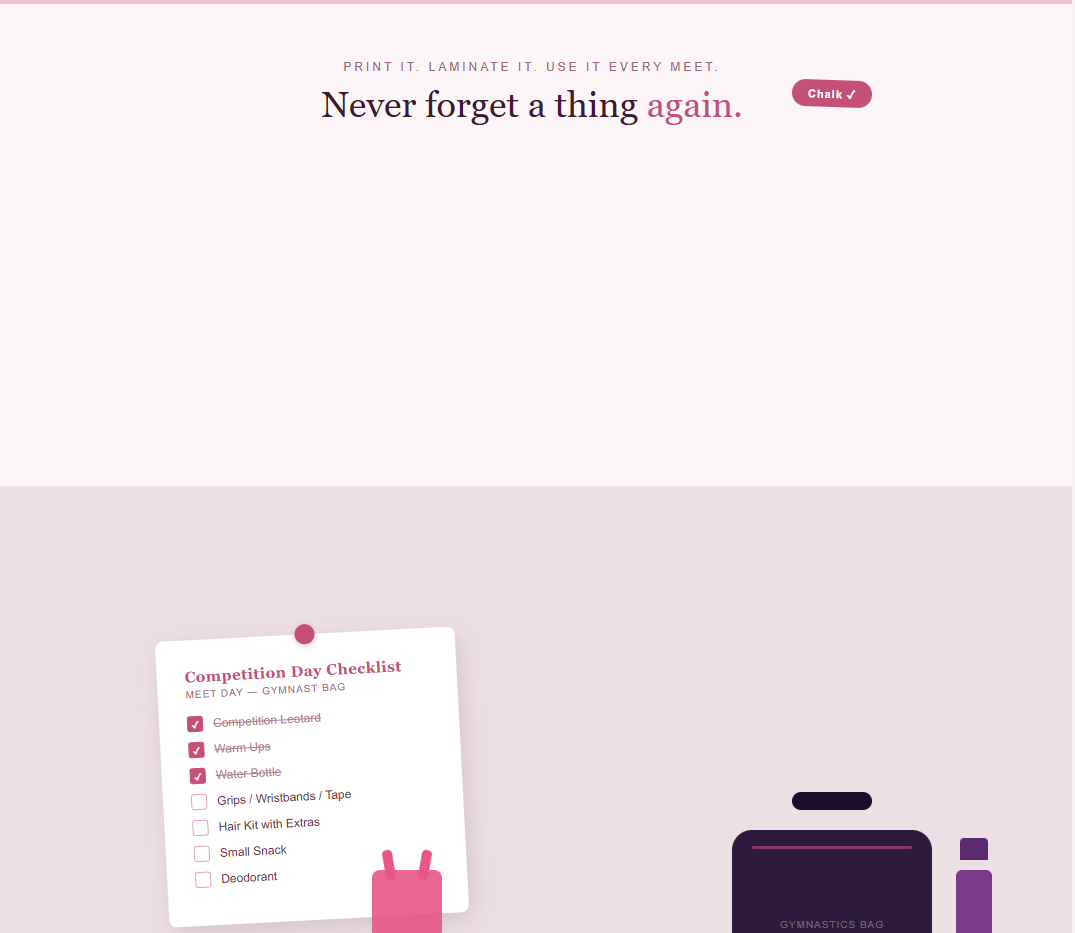Gymnastics bag checklist printable PDF preview card with checklist items