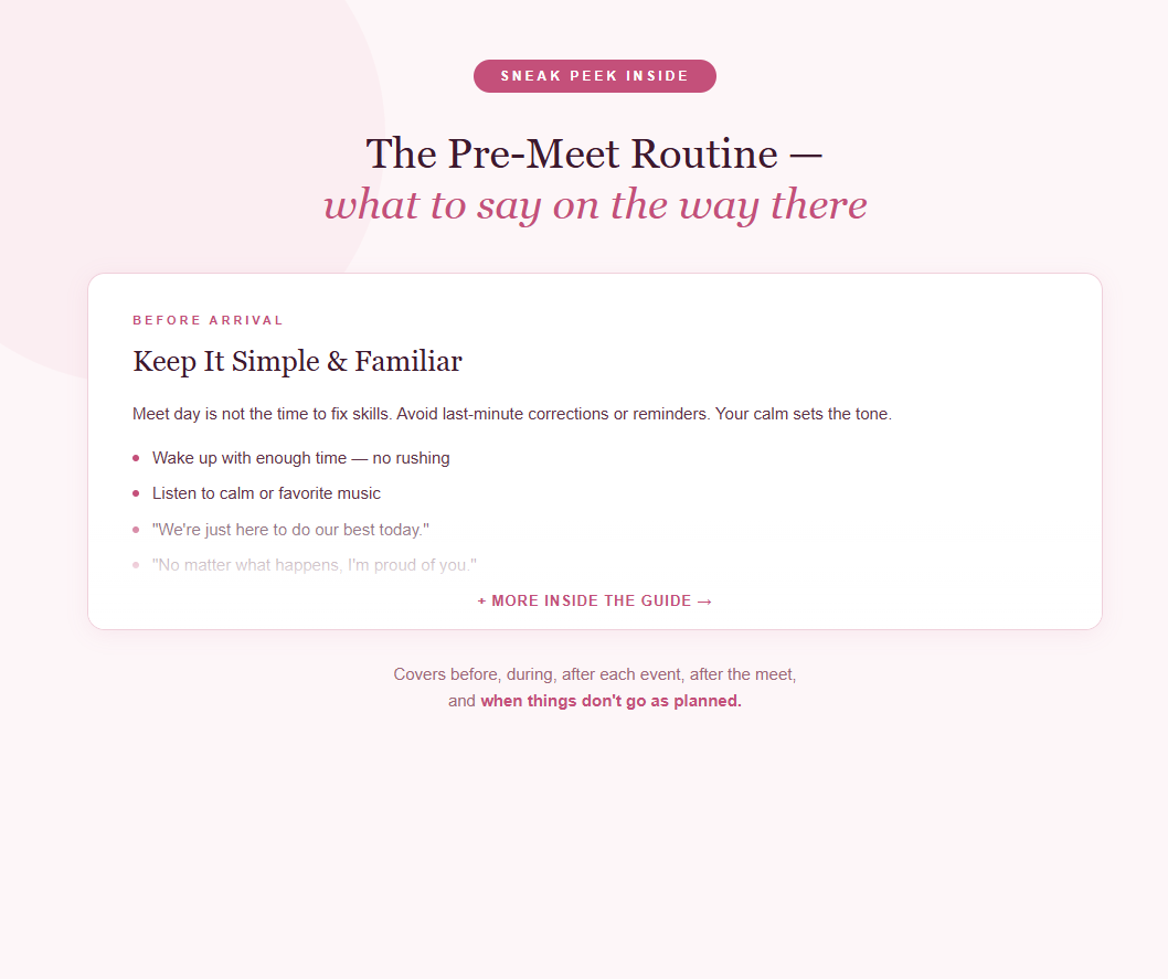 Pre-Meet Routine section in PDF guide with “Keep it Simple” bullet points
