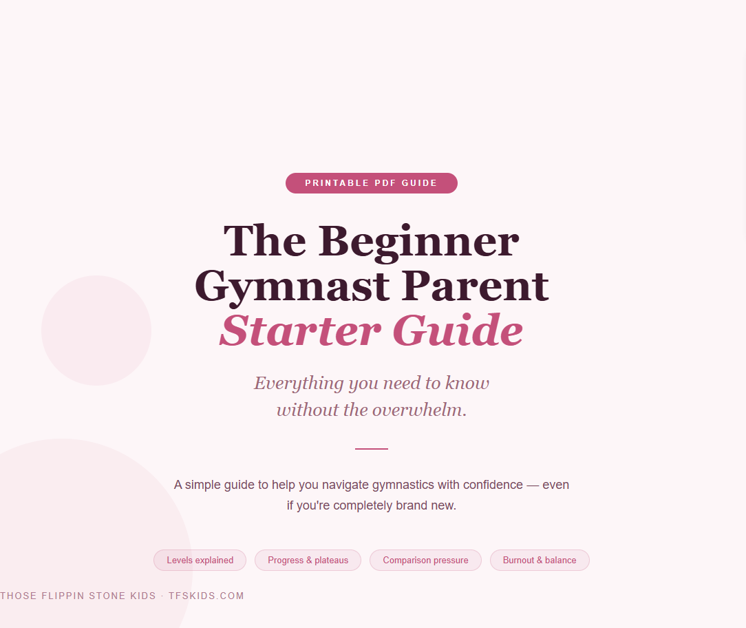 Beginner gymnast parent starter guide PDF title page with pink badge and subtitle