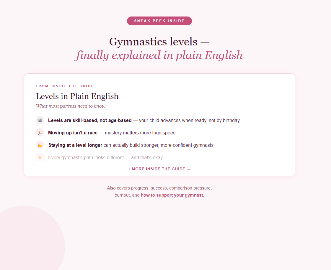 Gymnastics levels in plain English PDF section page with bullet points and headings