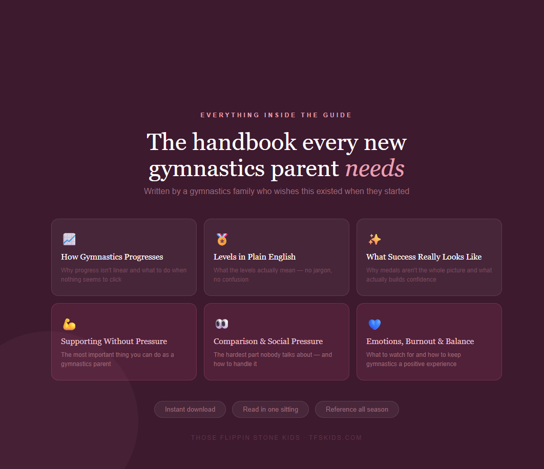 Gymnastics parent starter guide PDF overview page listing guide topics in tiles
