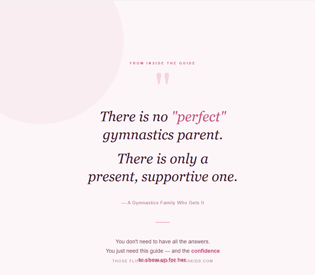 Gymnastics parent starter guide PDF page with quote about a supportive gymnastics parent
