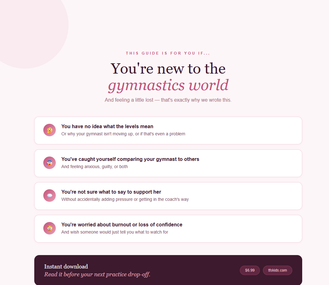 Gymnastics parent starter guide PDF page with guidance cards and instant download button