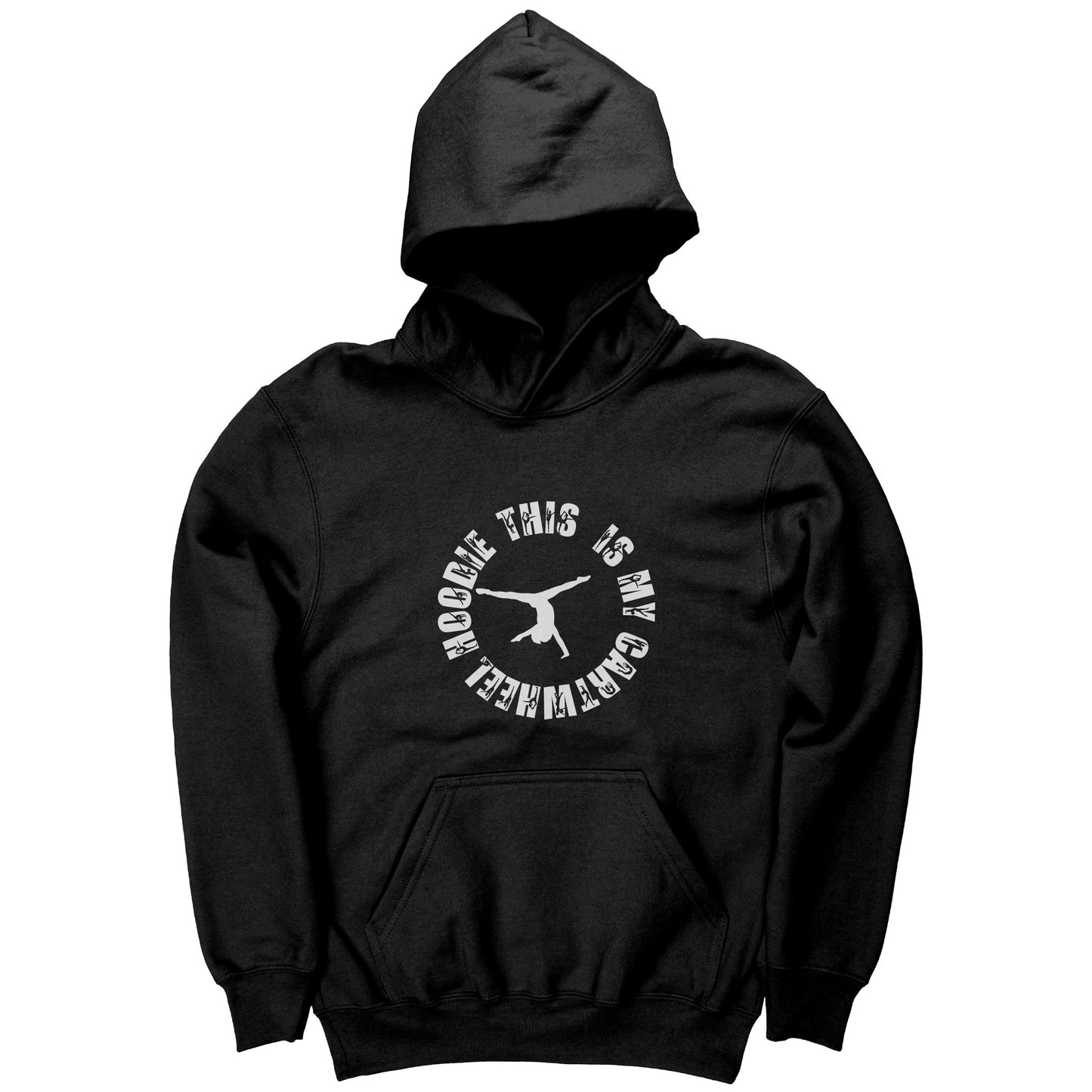 Black  colored This is My Cartwheel Hoodie Children's Gymnastics Hoodie. The front of the hoodie features a stylish circular design with the white text "This is My Cartwheel Hoodie"  along with a cartwheeling gymnast.