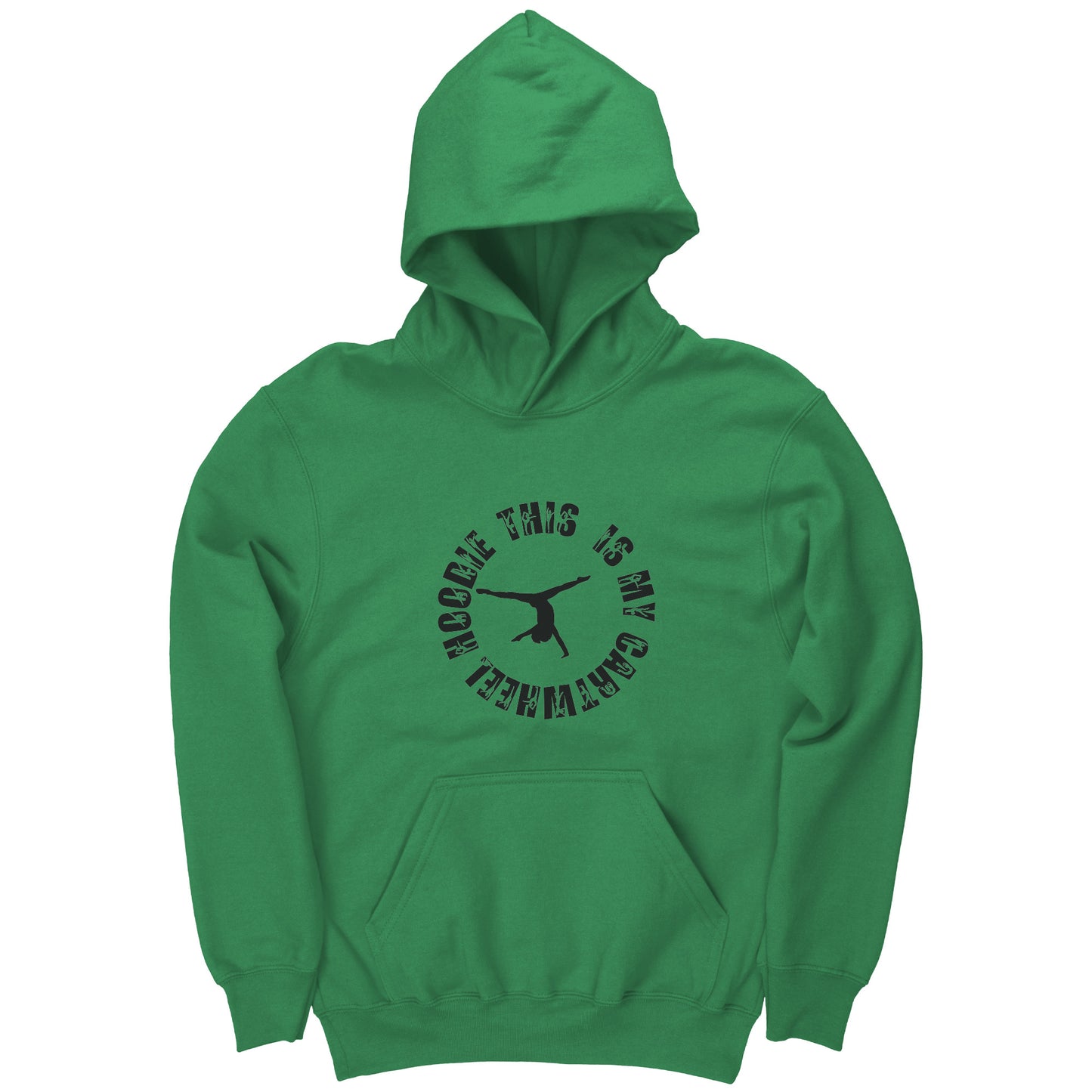 Irish Green colored This is My Cartwheel Hoodie Children's Gymnastics Hoodie. The front of the hoodie features a stylish circular design with the text "This is My Cartwheel Hoodie"  along with a cartwheeling gymnast.
