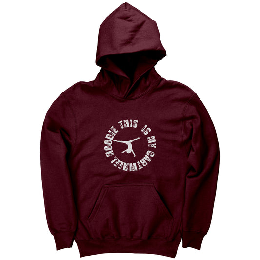 Maroon colored This is My Cartwheel Hoodie Children's Gymnastics Hoodie. The front of the hoodie features a stylish circular design with the white text "This is My Cartwheel Hoodie"  along with a cartwheeling gymnast.