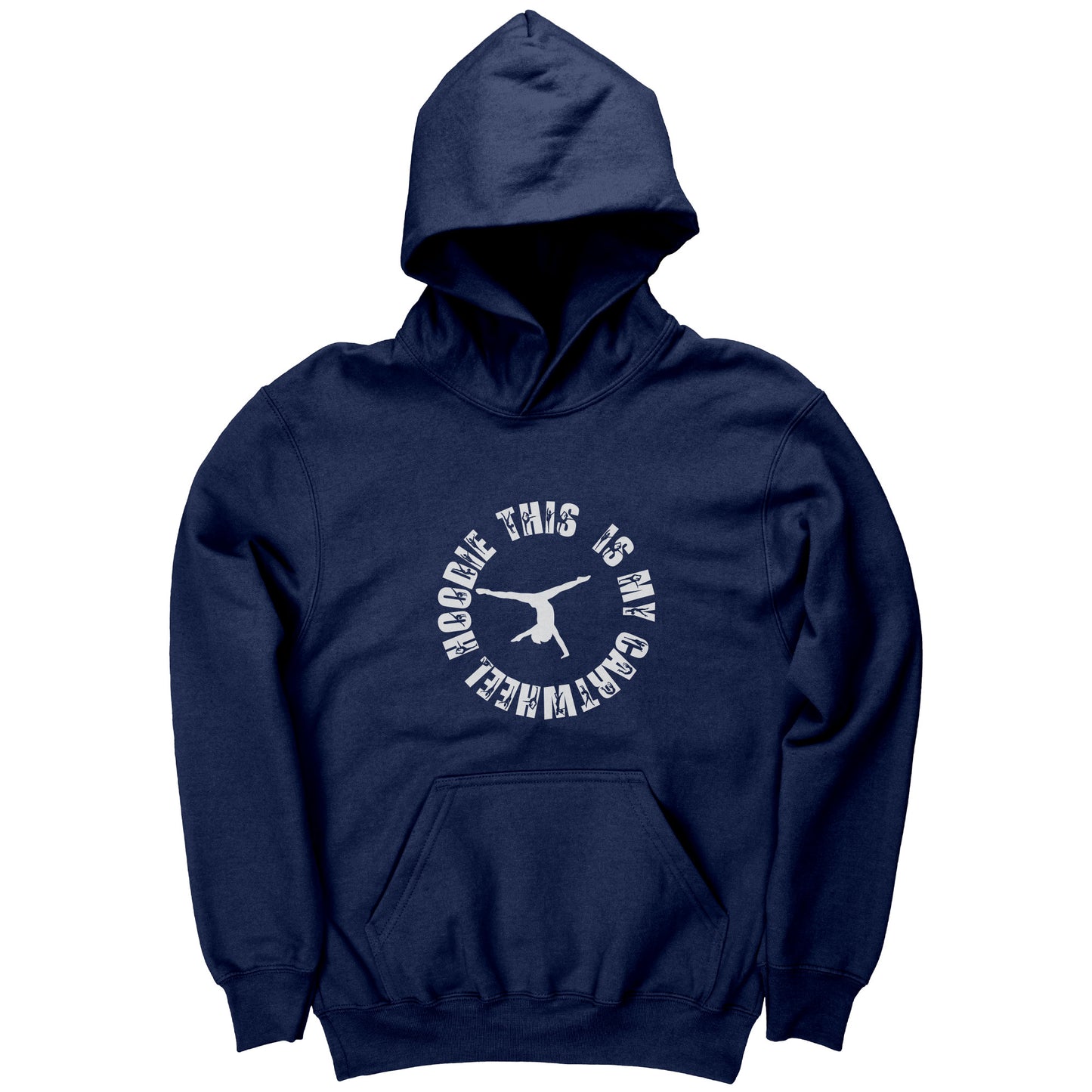 Navy colored This is My Cartwheel Hoodie Children's Gymnastics Hoodie. The front of the hoodie features a stylish circular design with the white text "This is My Cartwheel Hoodie"  along with a cartwheeling gymnast.