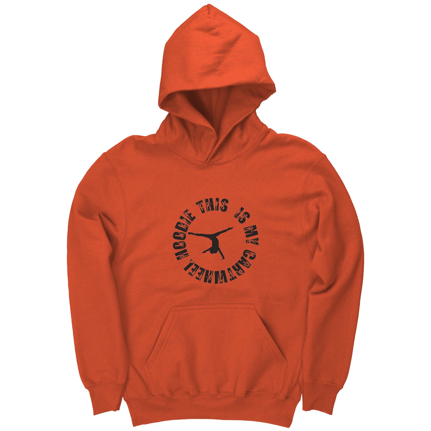 Orange colored This is My Cartwheel Hoodie Children's Gymnastics Hoodie. The front of the hoodie features a stylish circular design with the text "This is My Cartwheel Hoodie"  along with a cartwheeling gymnast.