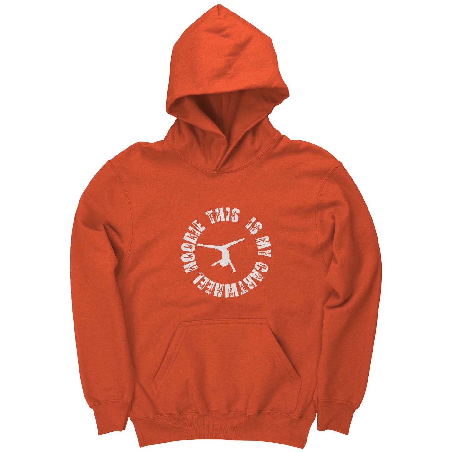 Orange colored This is My Cartwheel Hoodie Children's Gymnastics Hoodie. The front of the hoodie features a stylish circular design with the white text "This is My Cartwheel Hoodie"  along with a cartwheeling gymnast.