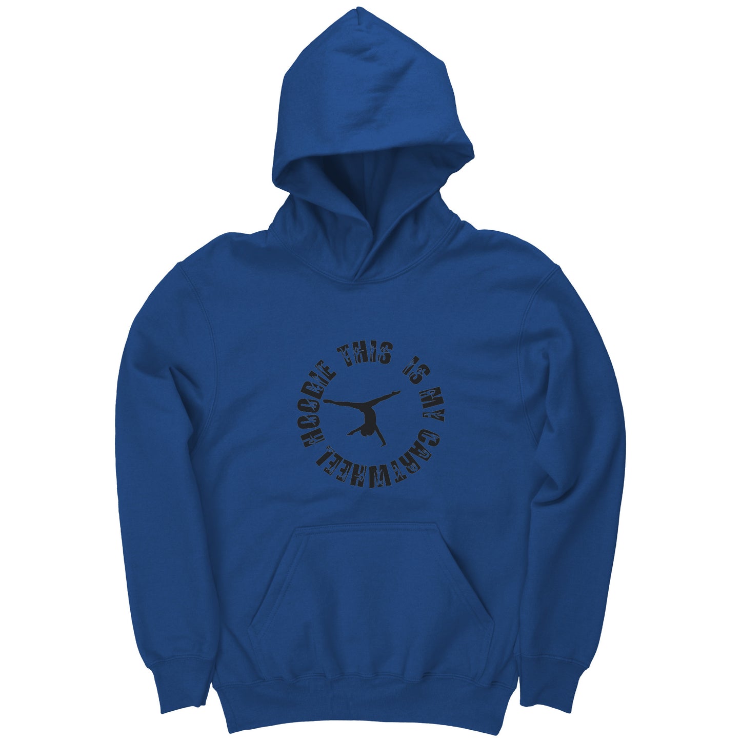 Royal colored This is My Cartwheel Hoodie Children's Gymnastics Hoodie. The front of the hoodie features a stylish circular design with the text "This is My Cartwheel Hoodie"  along with a cartwheeling gymnast.
