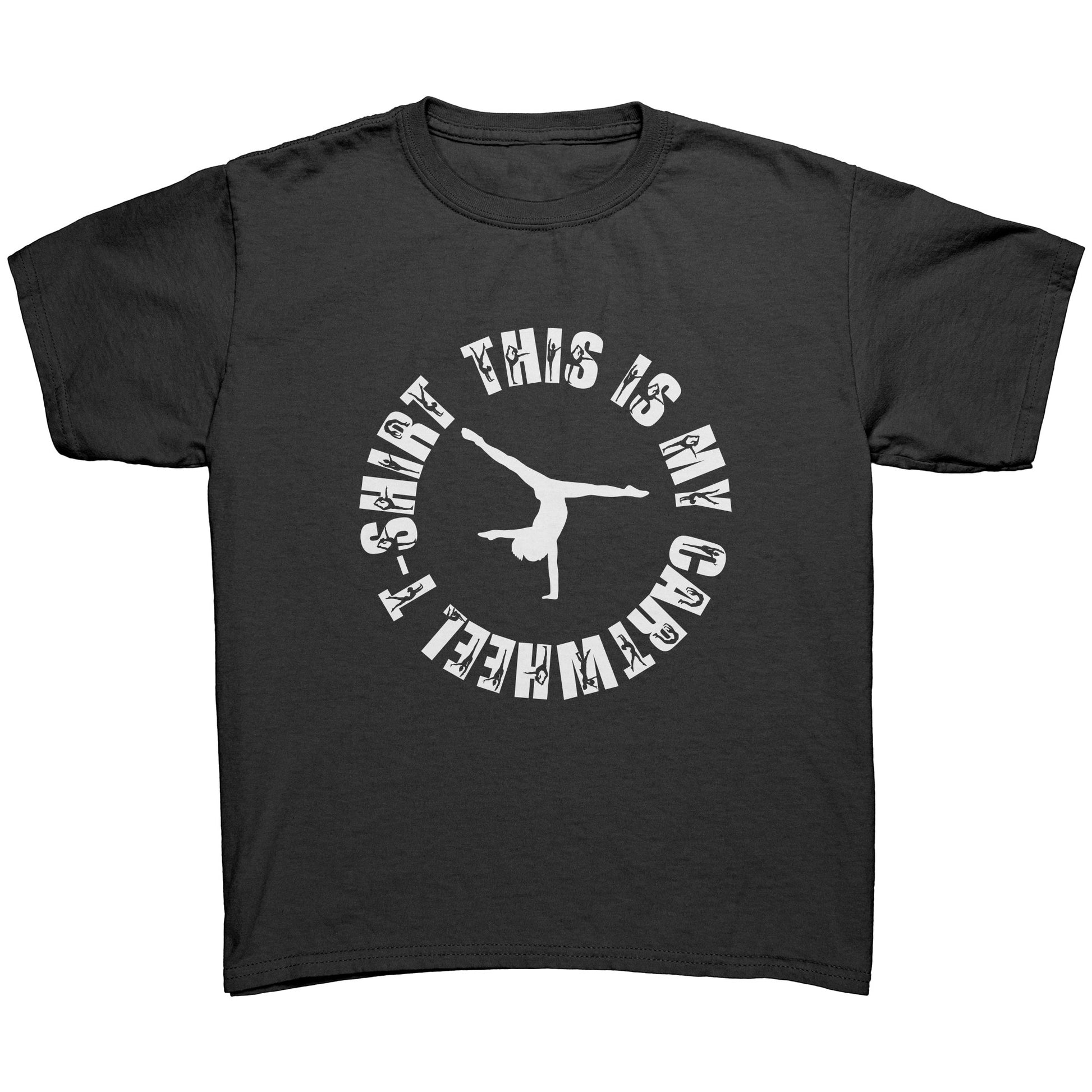 Black  colored This is My Cartwheel T-Shirt Children's Gymnastics T-Shirt. The front of the shirt features a stylish circular design with the text "This is My Cartwheel T-Shirt"  in white font along with a cartwheeling gymnast.