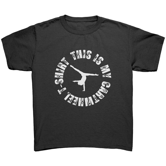 Black  colored This is My Cartwheel T-Shirt Children's Gymnastics T-Shirt. The front of the shirt features a stylish circular design with the text "This is My Cartwheel T-Shirt"  in white font along with a cartwheeling gymnast.