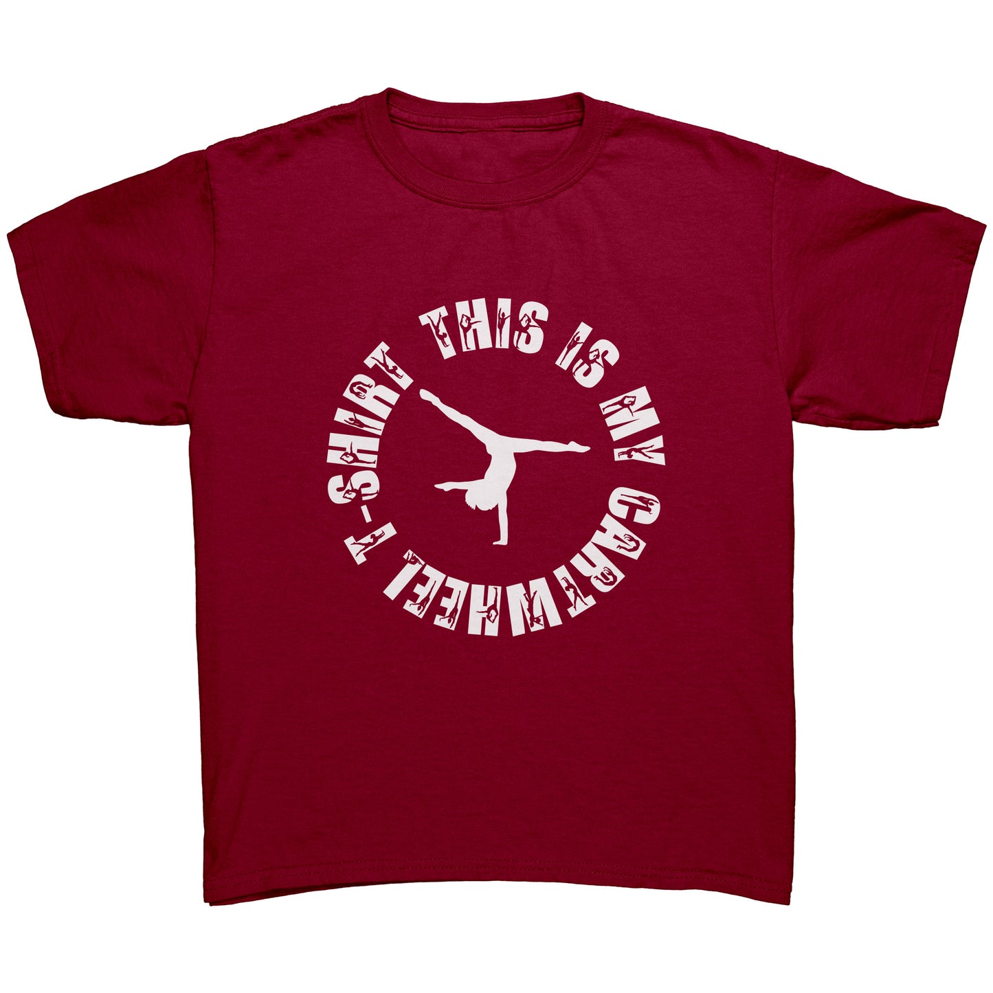 Cardinal Red   colored This is My Cartwheel T-Shirt Children's Gymnastics T-Shirt. The front of the shirt features a stylish circular design with the text "This is My Cartwheel T-Shirt"  in white font along with a cartwheeling gymnast.