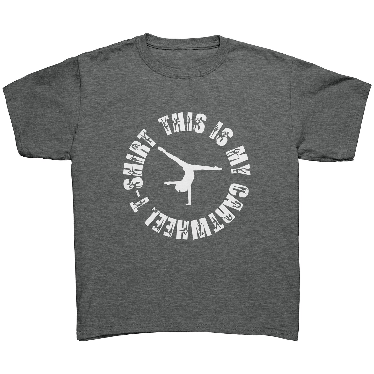 Heather  colored This is My Cartwheel T-Shirt Children's Gymnastics T-Shirt. The front of the shirt features a stylish circular design with the text "This is My Cartwheel T-Shirt"  in white font along with a cartwheeling gymnast.
