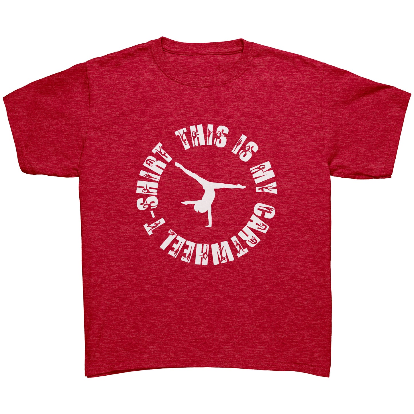 Heather Red  colored This is My Cartwheel T-Shirt Children's Gymnastics T-Shirt. The front of the shirt features a stylish circular design with the text "This is My Cartwheel T-Shirt"  in white font along with a cartwheeling gymnast.