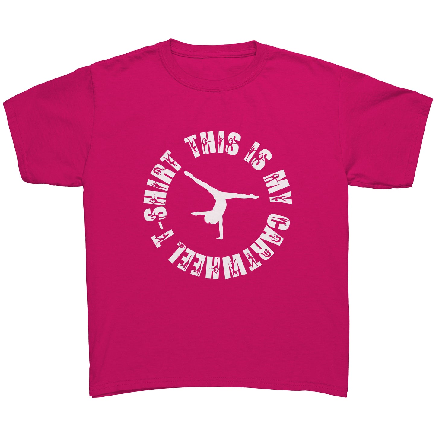 Heliconia   colored This is My Cartwheel T-Shirt Children's Gymnastics T-Shirt. The front of the shirt features a stylish circular design with the text "This is My Cartwheel T-Shirt"  in white font along with a cartwheeling gymnast.